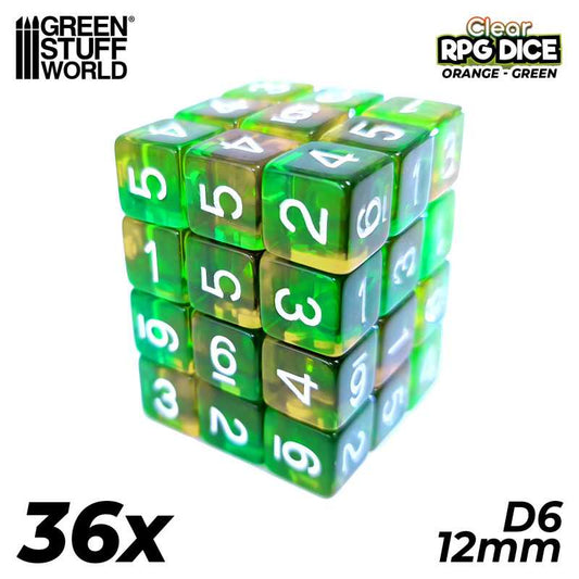 36x Dados D6 12mm - Naranja/Verde Transparente
