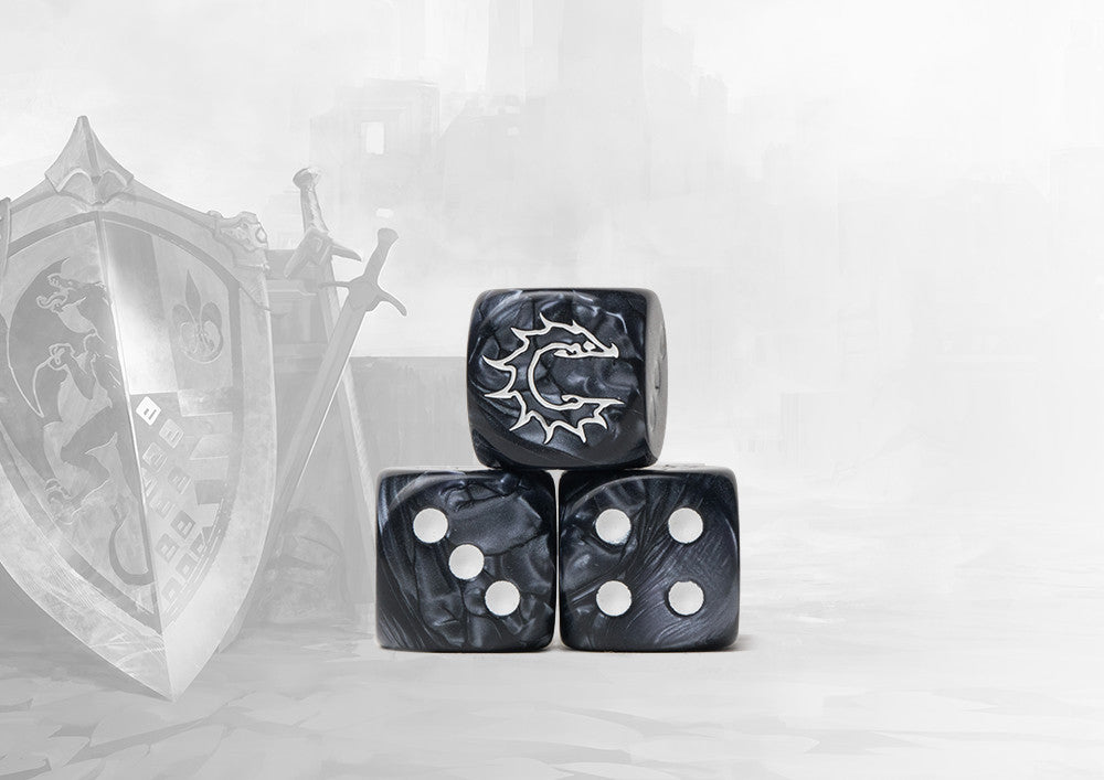 Conquest: 24 dados color gris marmolado con el logo de conquest