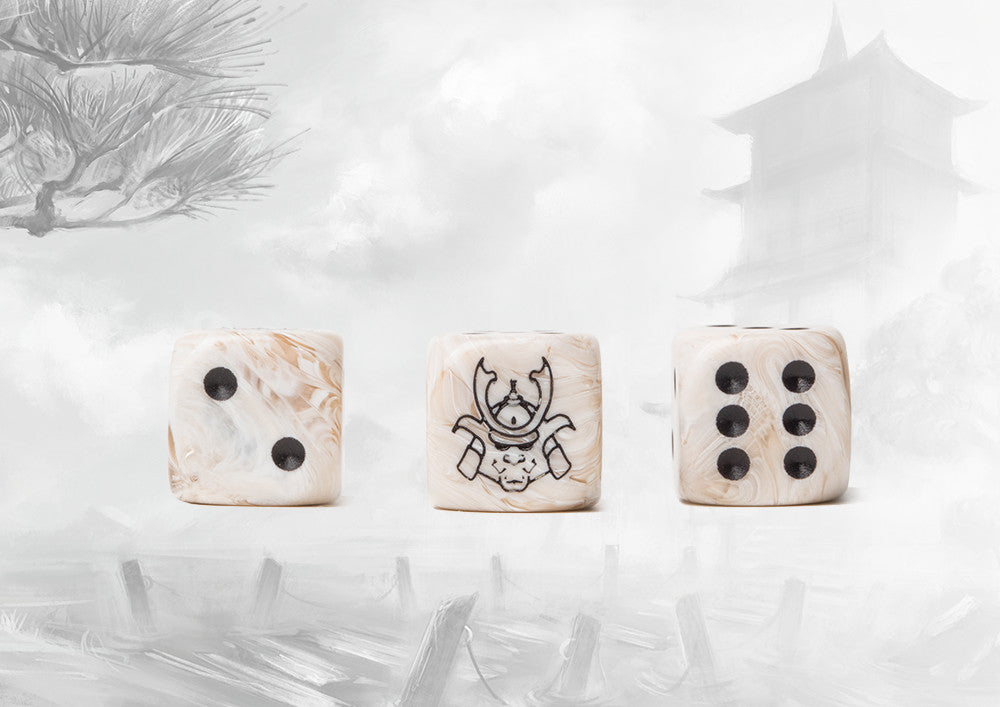 Conquest: 24 dados color pergamino marmoleado con el logo de Yoroni