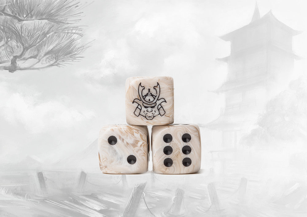 Conquest: 24 dados color pergamino marmoleado con el logo de Yoroni