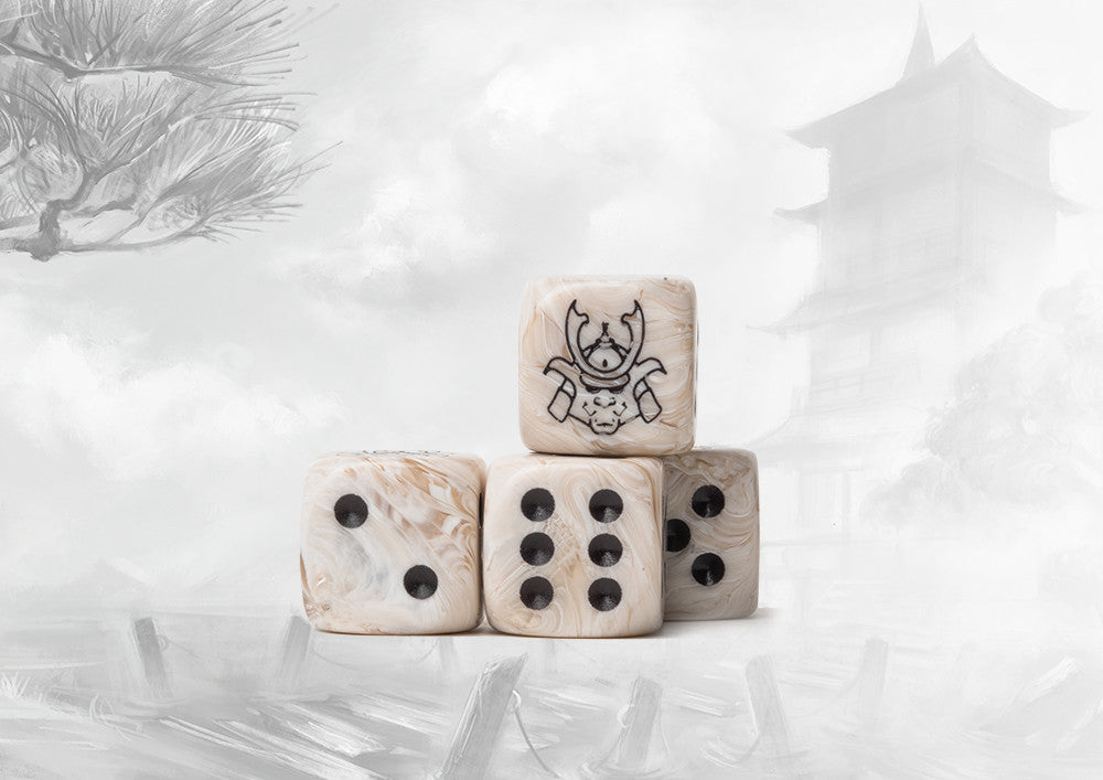 Conquest: 24 dados color pergamino marmoleado con el logo de Yoroni