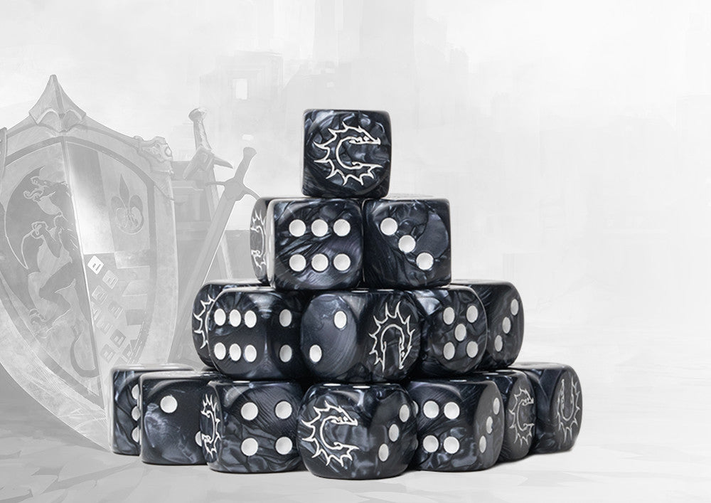 Conquest: 24 dados color gris marmolado con el logo de conquest