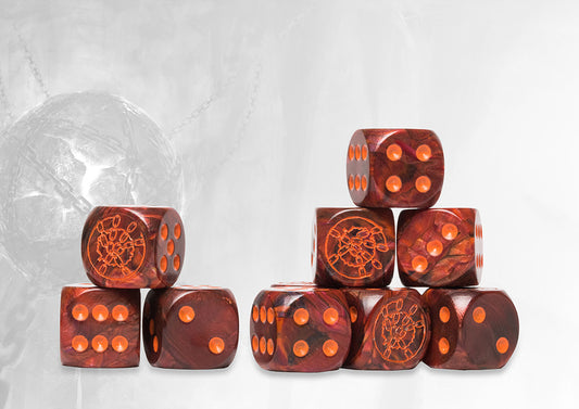 Conquest: 24 dados color rojo marmoleado con el logo de Dweghom