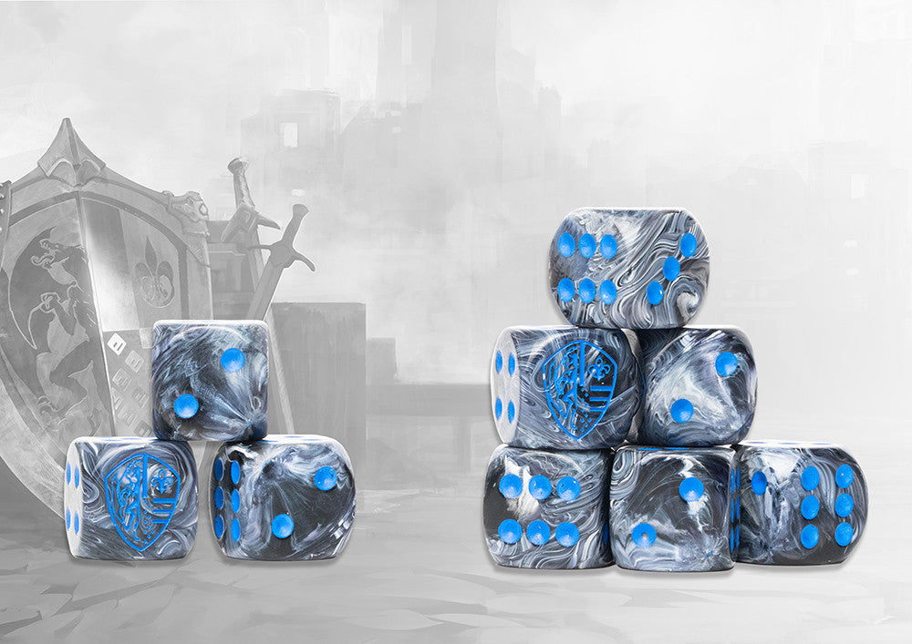 Conquest: 24 dados color acero marmoleado con el logo de Cien Reinos