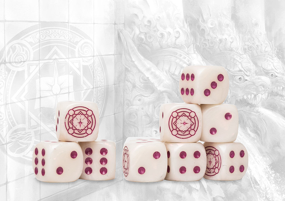 Conquest: 24 dados color marmol con el logo magenta de Sorcerer Kings