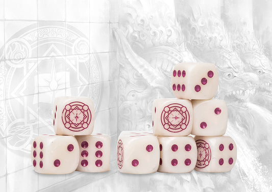 Conquest: 24 dados color marmol con el logo magenta de Sorcerer Kings